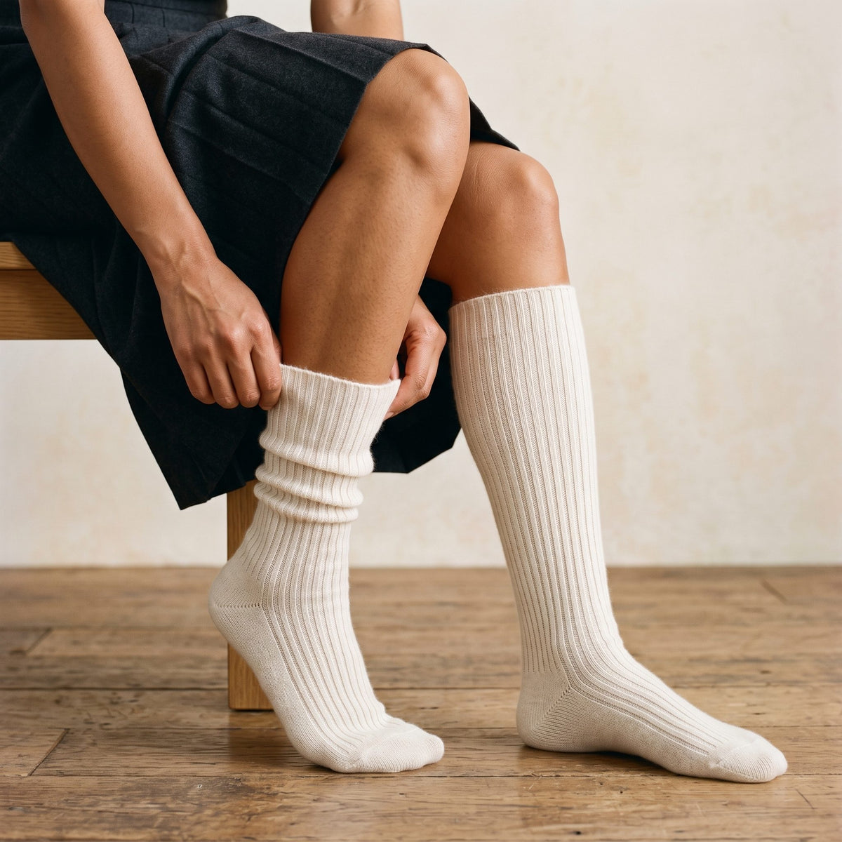 Off-White women's 100% cashmere knee-high socks - worn by a model, view 5