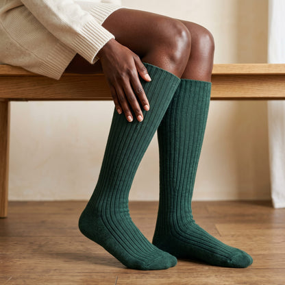 Pine women's 100% cashmere knee-high socks - worn by a model, view 5