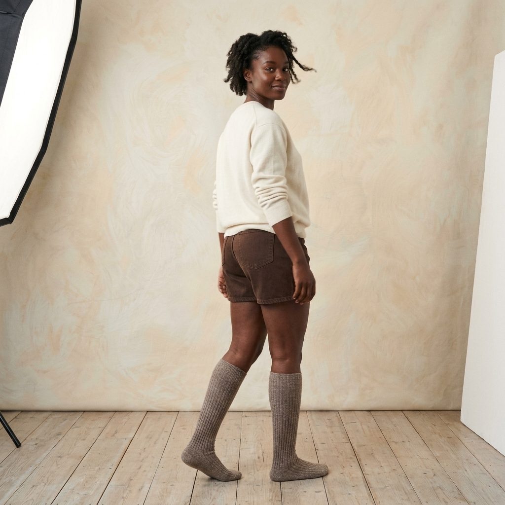 Toast Melange women's undyed cashmere knee-high socks - worn by a model, view 4