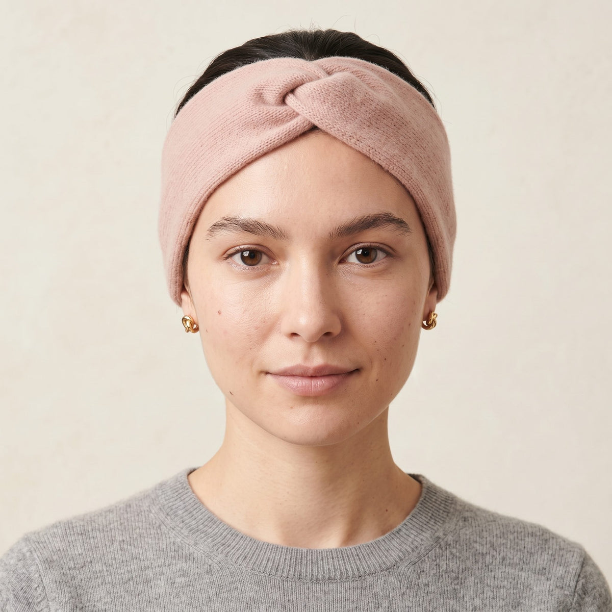 Gomba twisted-front cashmere headband in Blush Pink, worn, view 1