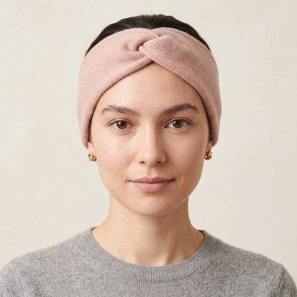 Gomba twisted-front cashmere headband in Blush Pink, worn, view 1