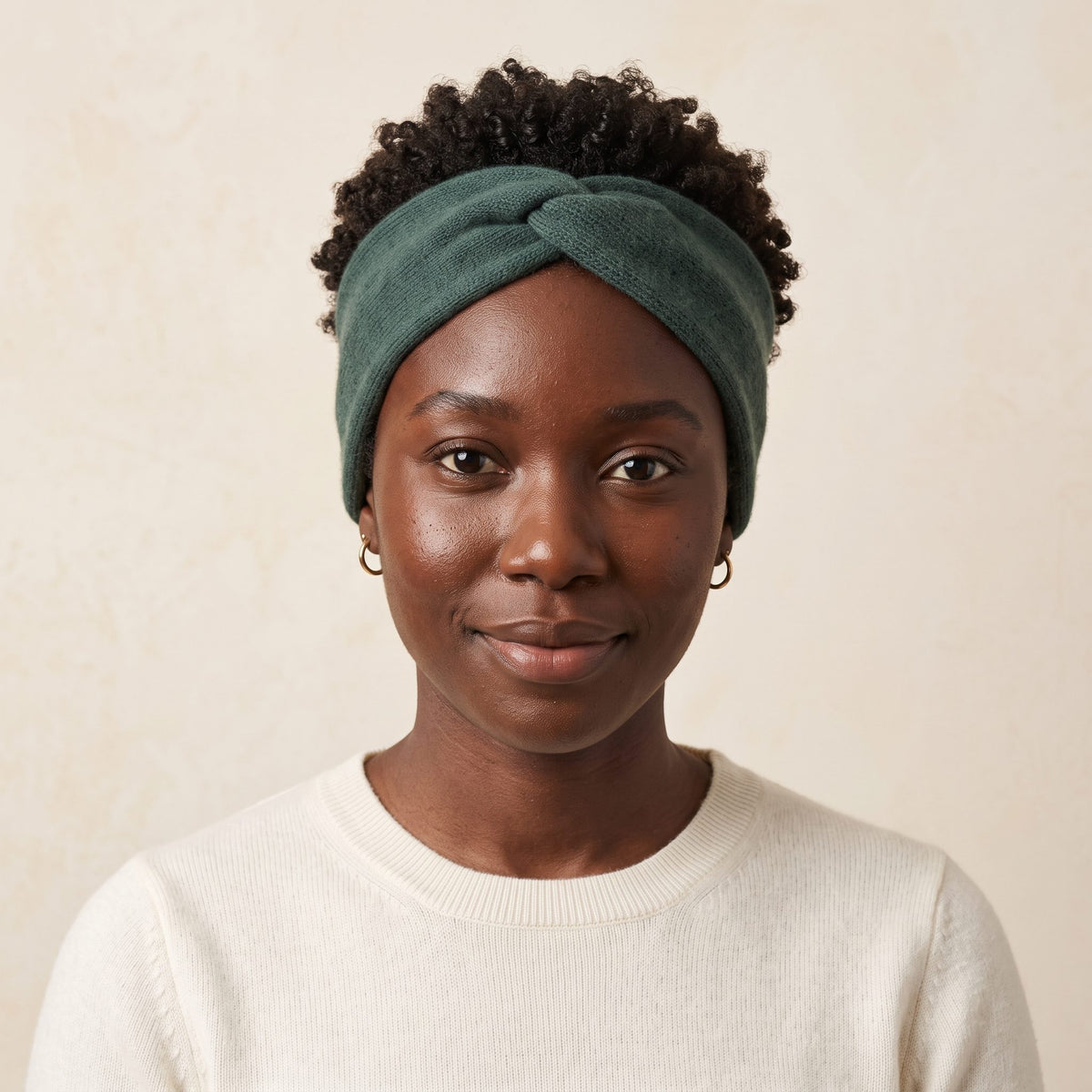 Gomba twisted-front cashmere headband in Pine, worn, view 1