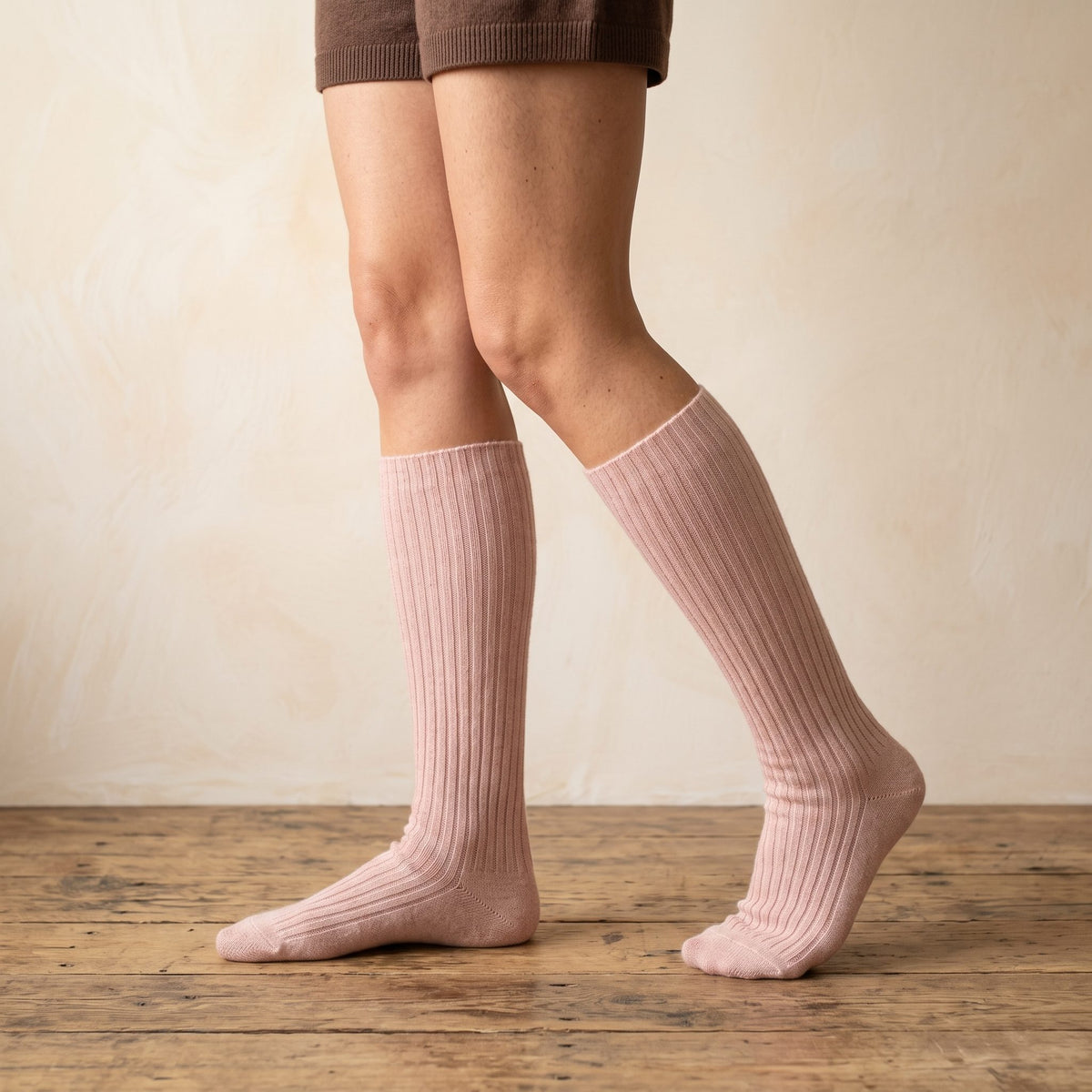 Blush Pink women's 100% cashmere knee-high socks - worn by a model, view 6