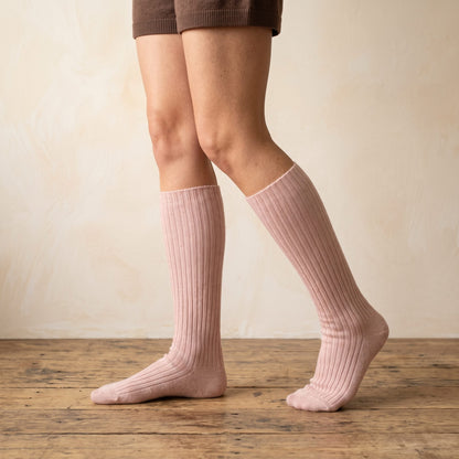 Blush Pink women's 100% cashmere knee-high socks - worn by a model, view 6