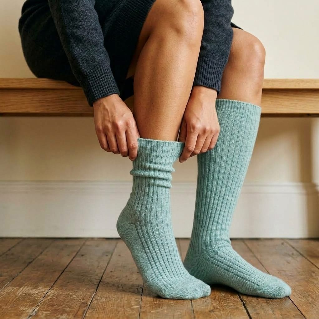 Heathered Jade women's 100% cashmere knee-high socks - worn by a model, view 6
