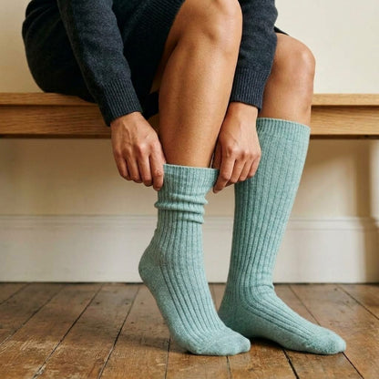 Heathered Jade women's 100% cashmere knee-high socks - worn by a model, view 6