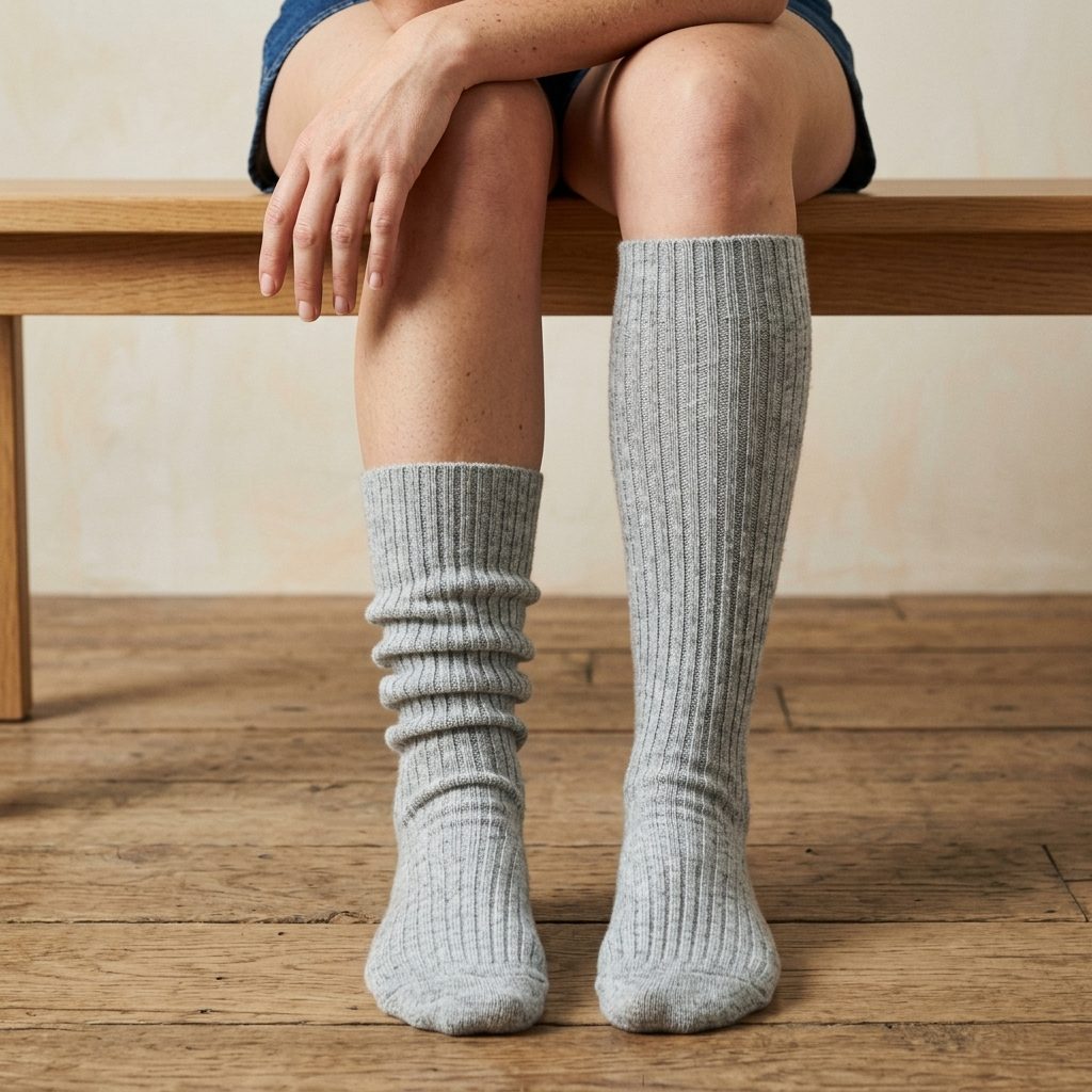 Light Grey Melange women's undyed cashmere knee-high socks - worn by a model, view 5