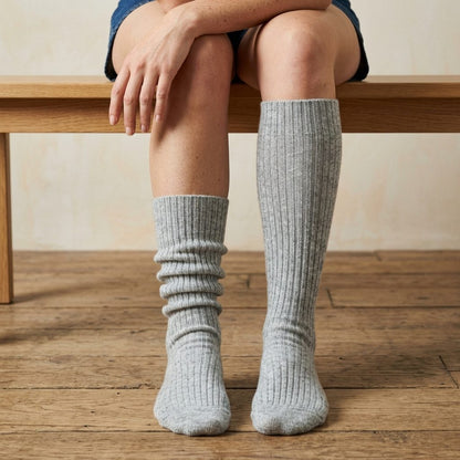 Light Grey Melange women's undyed cashmere knee-high socks - worn by a model, view 5