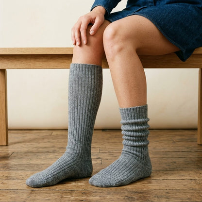 Mid Grey Melange women's undyed cashmere knee-high socks - worn by a model, view 5