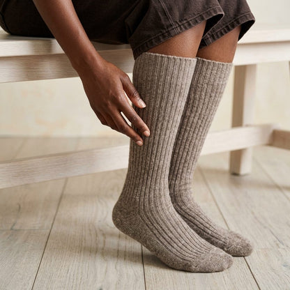 Toast Melange women's undyed cashmere knee-high socks - worn by a model, view 5