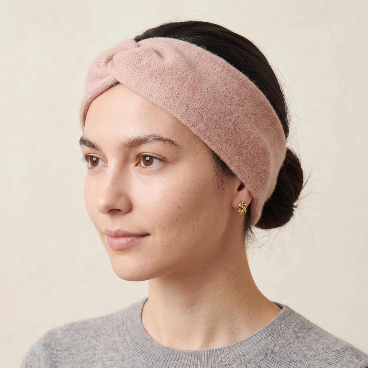 Gomba twisted-front cashmere headband in Blush Pink, worn, view 2