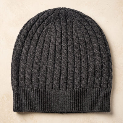 HCDM Men's Undyed Cashmere Beanie - Heritage Cable Knit Dark Grey Melange 1