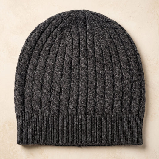 HCDM Men's Undyed Cashmere Beanie - Heritage Cable Knit Dark Grey Melange 1