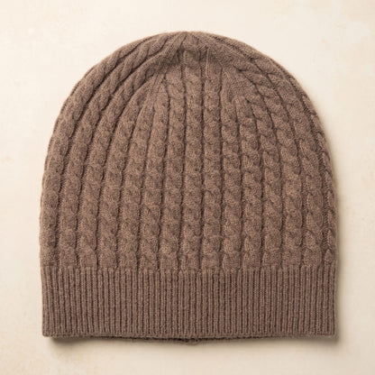 WCBR Women's Cashmere Beanie - Heritage Cable Knit Brown 1