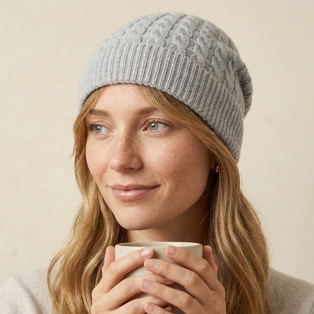 WCLM Women's Undyed Cashmere Beanie - Heritage Cable Knit Light Grey Melange 4