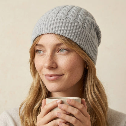 WCLM Women's Undyed Cashmere Beanie - Heritage Cable Knit Light Grey Melange 4