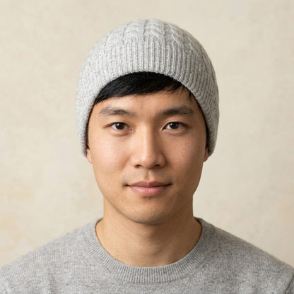 HCLM Men's Undyed Cashmere Beanie - Heritage Cable Knit Light Grey Melange 4