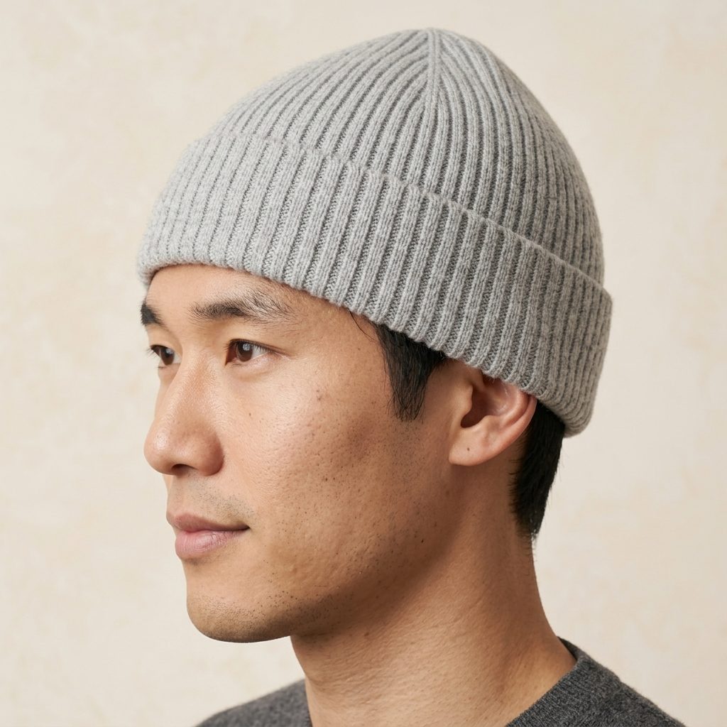 HRLM Men's Undyed Cashmere Beanie - Haven Ribbed Light Grey Melange 4