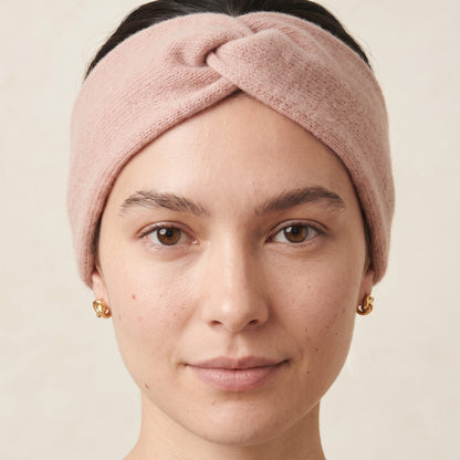 Gomba twisted-front cashmere headband in Blush Pink, worn, view 4