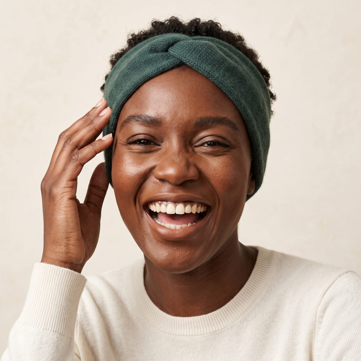 Gomba twisted-front cashmere headband in Pine, worn, view 4