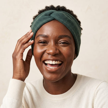 Gomba twisted-front cashmere headband in Pine, worn, view 4