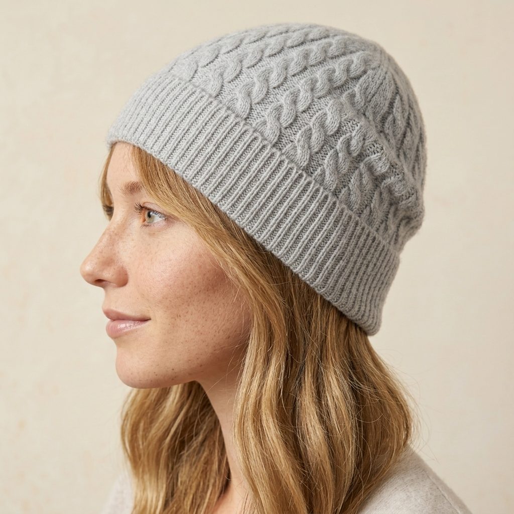 WCLM Women's Undyed Cashmere Beanie - Heritage Cable Knit Light Grey Melange 5