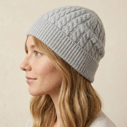 WCLM Women's Undyed Cashmere Beanie - Heritage Cable Knit Light Grey Melange 5
