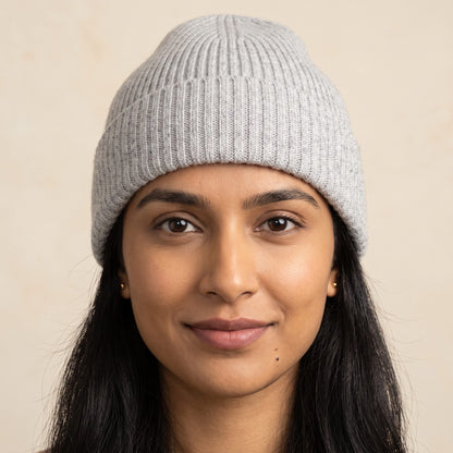 WRLM Women's Undyed Cashmere Beanie - Haven Ribbed Light Grey Melange 4