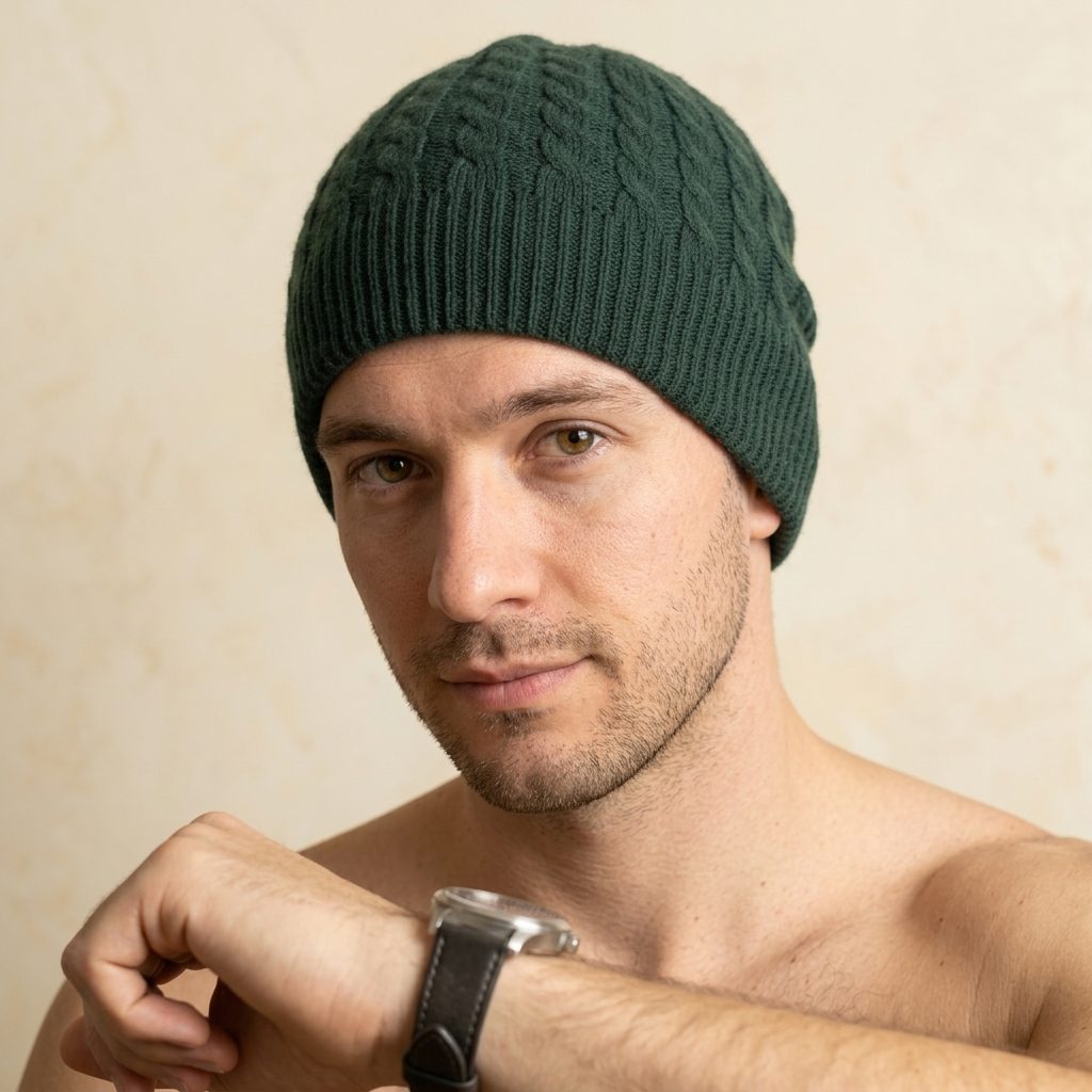 HPB08 Men's Cashmere Beanie - Heritage Cable Knit Pine 5