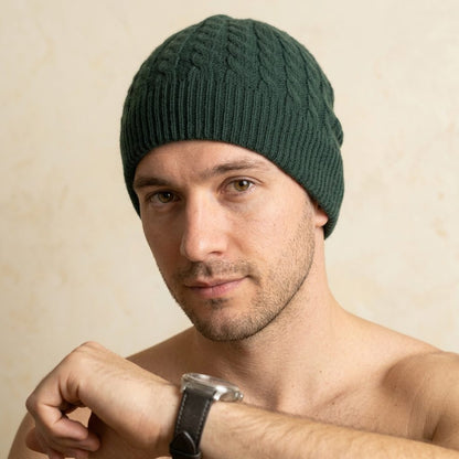 HPB08 Men's Cashmere Beanie - Heritage Cable Knit Pine 5