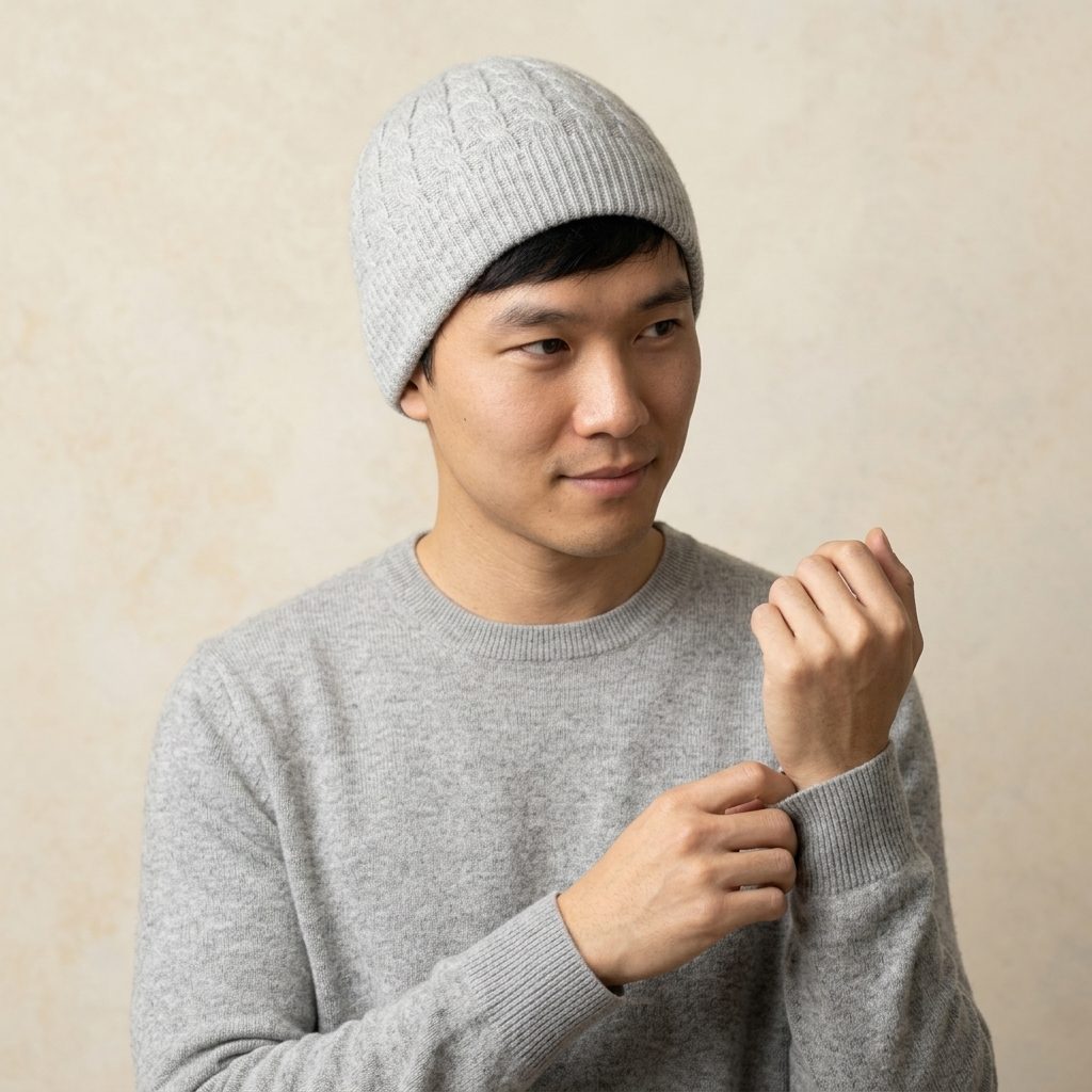 HCLM Men's Undyed Cashmere Beanie - Heritage Cable Knit Light Grey Melange 5