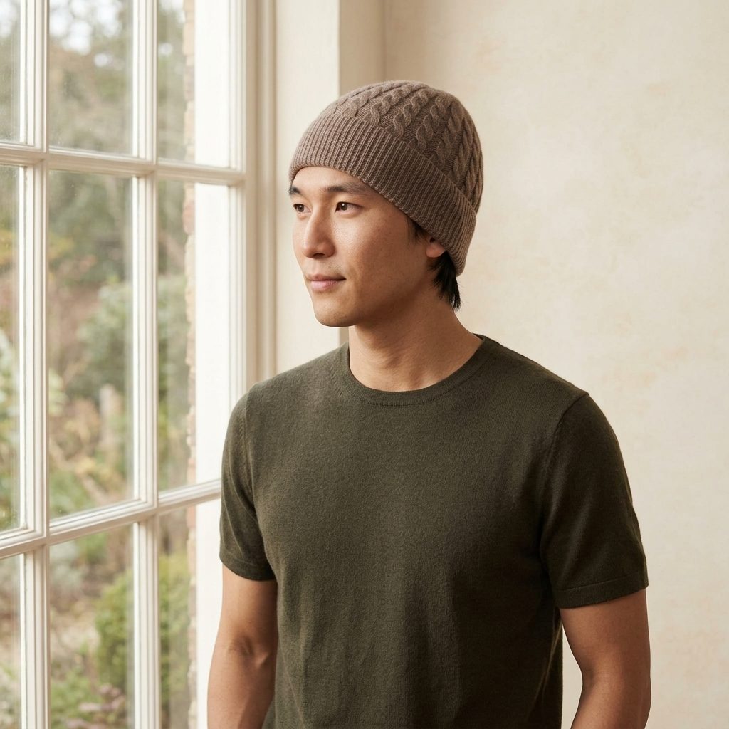 HCBR Men's Cashmere Beanie - Heritage Cable Knit Brown 5