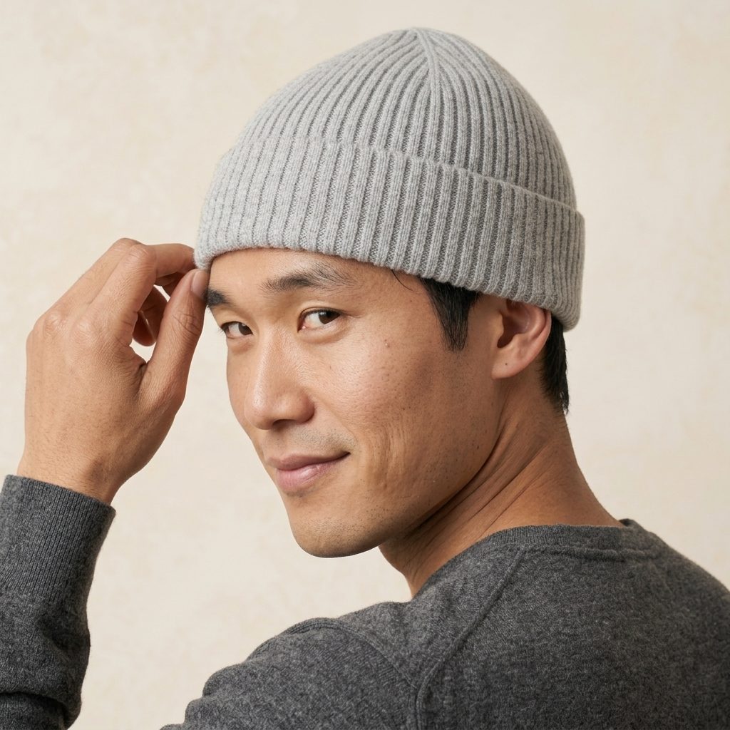 HRLM Men's Undyed Cashmere Beanie - Haven Ribbed Light Grey Melange 5