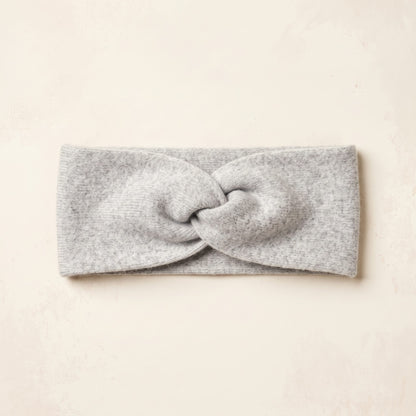 Undyed Gomba twisted-front cashmere headband in Light Grey Melange, flat front