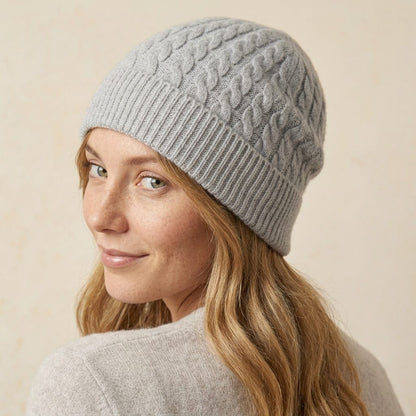 WCLM Women's Undyed Cashmere Beanie - Heritage Cable Knit Light Grey Melange 6