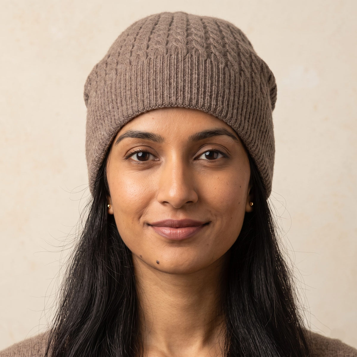 WCBR Women's Cashmere Beanie - Heritage Cable Knit Brown 3