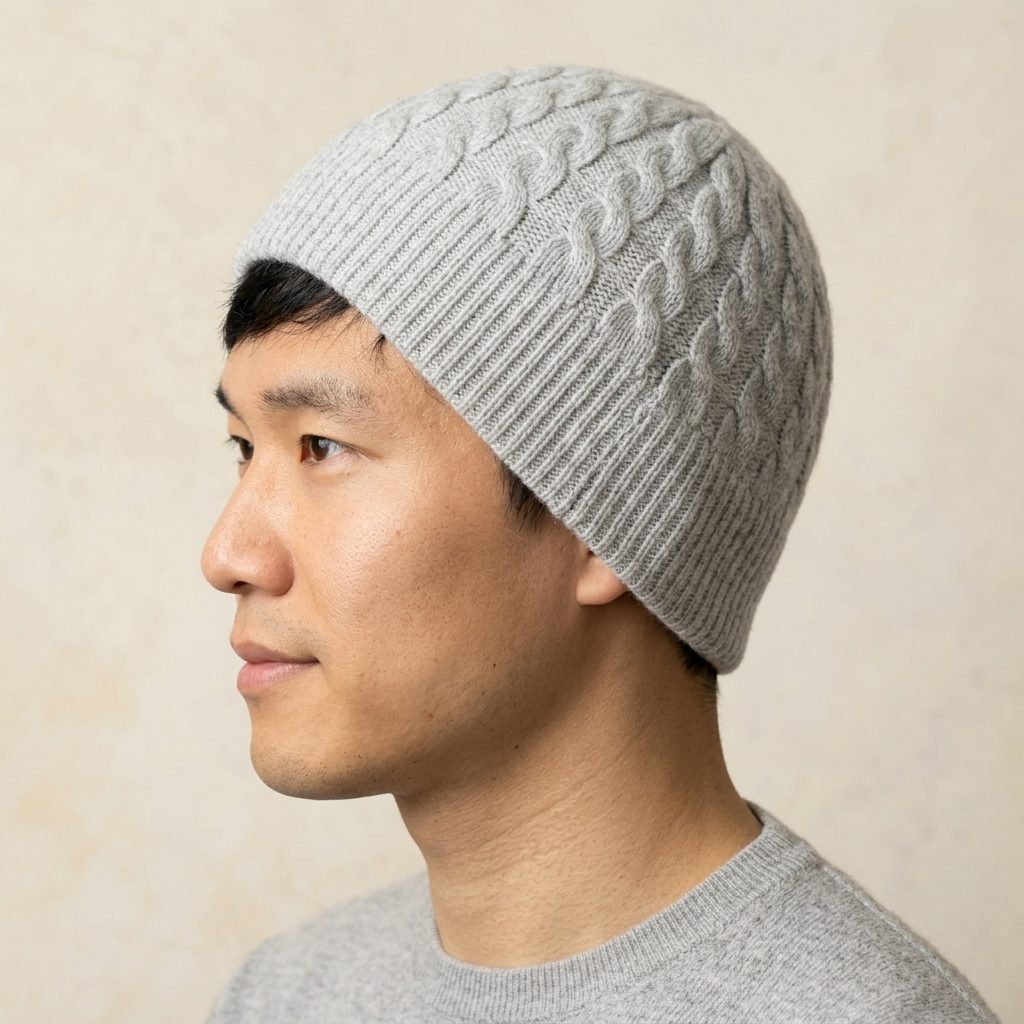 HCLM Men's Undyed Cashmere Beanie - Heritage Cable Knit Light Grey Melange 6