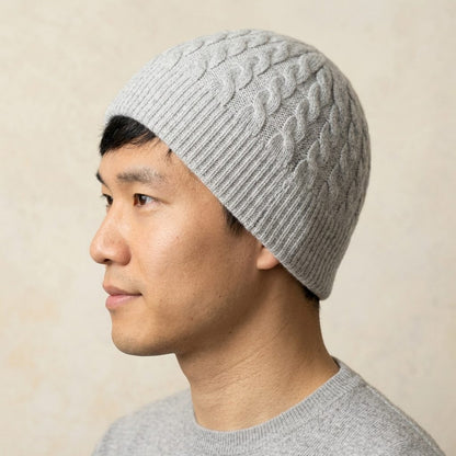 HCLM Men's Undyed Cashmere Beanie - Heritage Cable Knit Light Grey Melange 6
