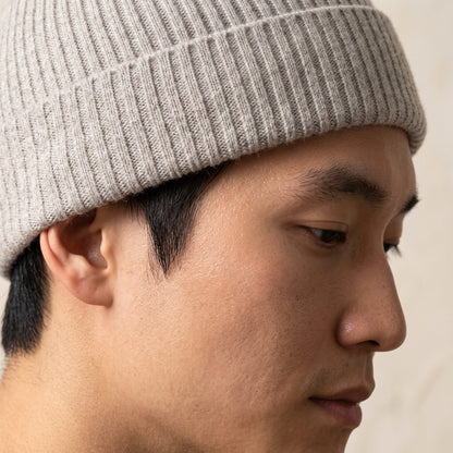 HRLM Men's Undyed Cashmere Beanie - Haven Ribbed Light Grey Melange 6