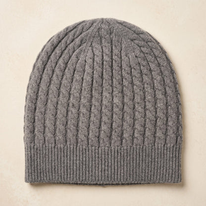 WCMM Women's Undyed Cashmere Beanie - Heritage Cable Knit Mid Grey Melange 1