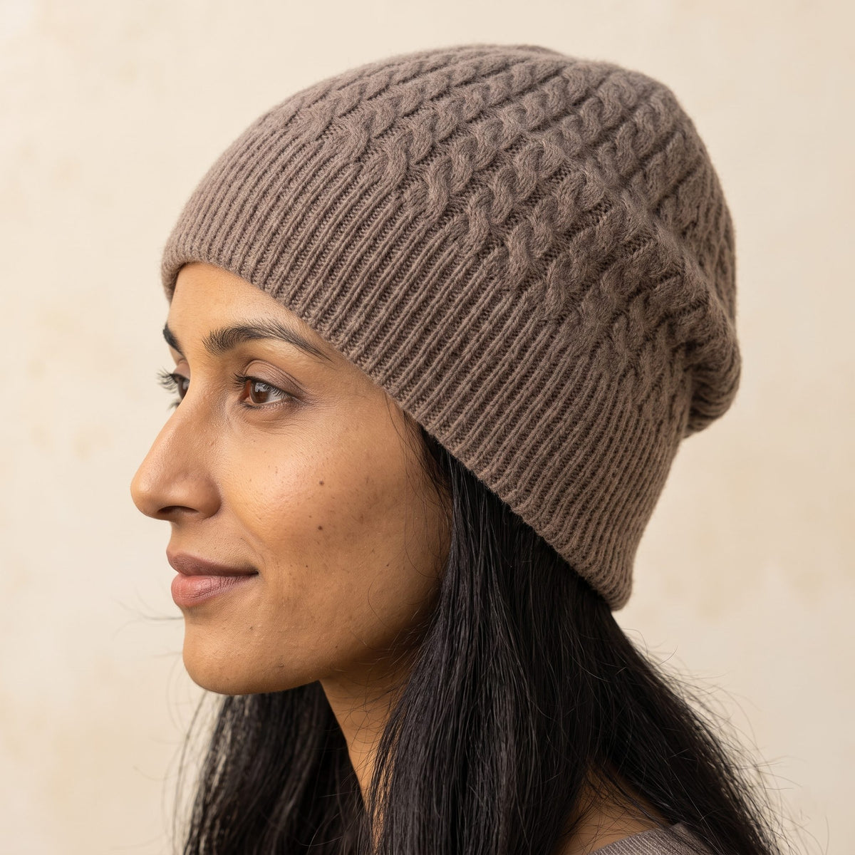WCBR Women's Cashmere Beanie - Heritage Cable Knit Brown 4