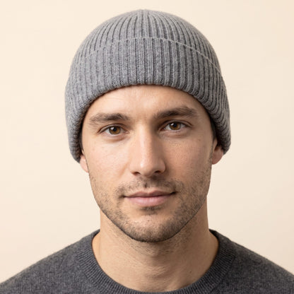 HRMM Men's Undyed Cashmere Beanie - Haven Ribbed Mid Grey Melange 2