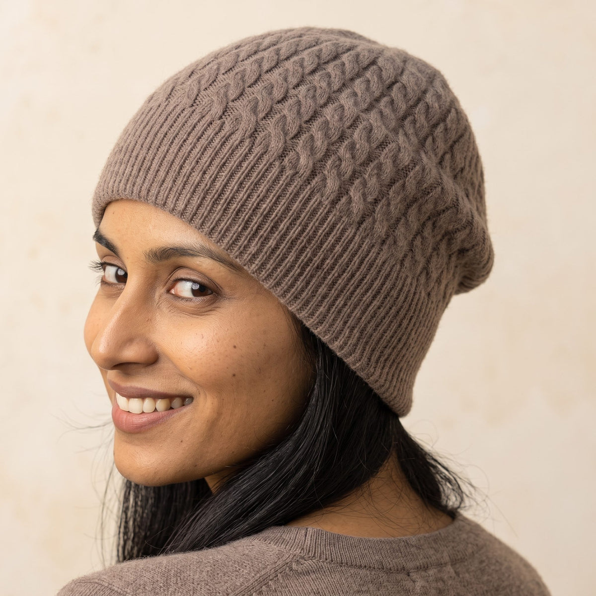 WCBR Women's Cashmere Beanie - Heritage Cable Knit Brown 5