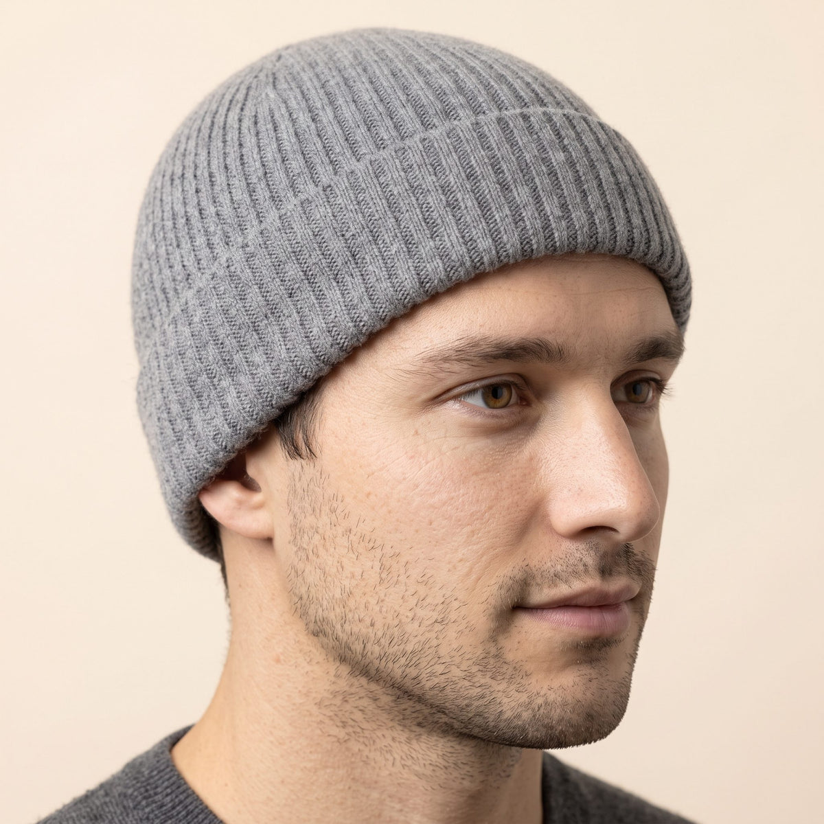HRMM Men's Undyed Cashmere Beanie - Haven Ribbed Mid Grey Melange 3