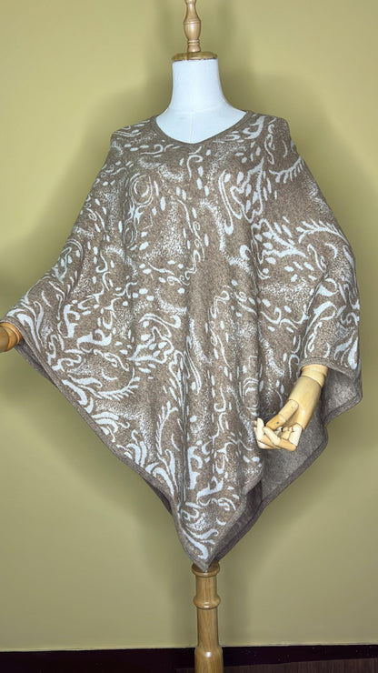 100% Pure Himalayan Cashmere Pashmina Poncho - Mustang Collection Skin Brown Paisley