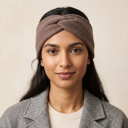 Gomba twisted-front cashmere headband in Brown, worn, view 1