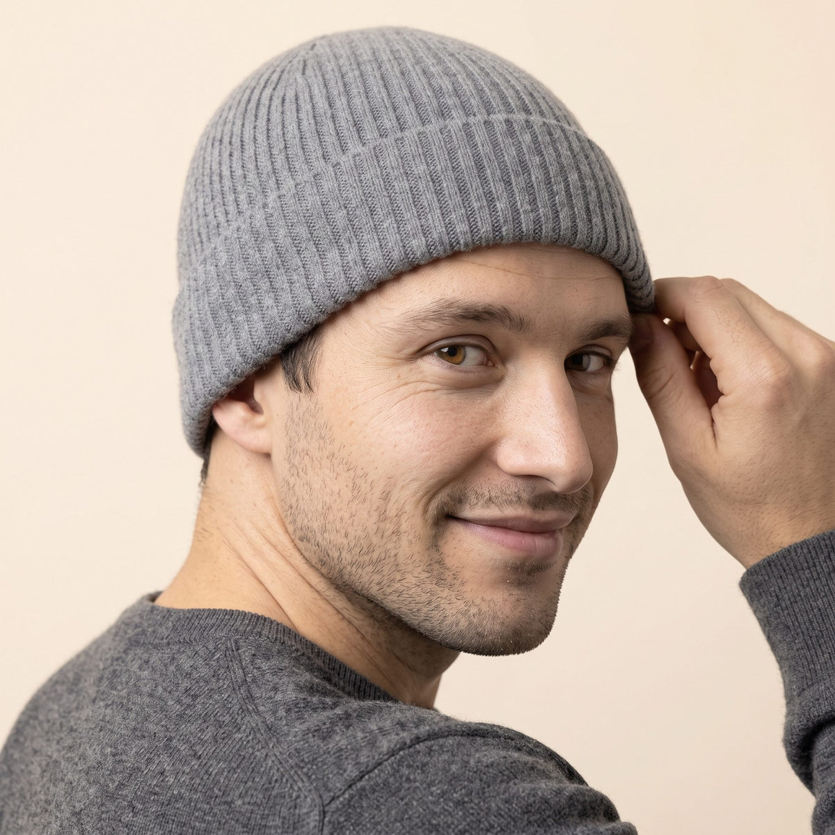 HRMM Men's Undyed Cashmere Beanie - Haven Ribbed Mid Grey Melange 4