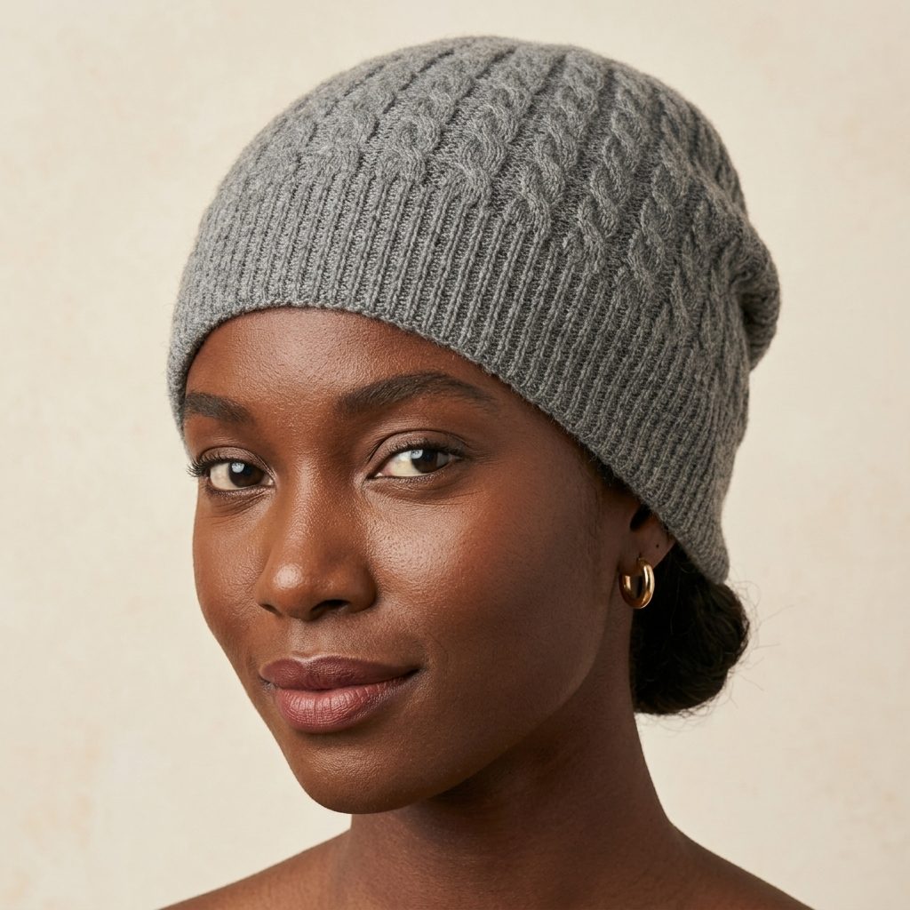 WCMM Women's Undyed Cashmere Beanie - Heritage Cable Knit Mid Grey Melange 4