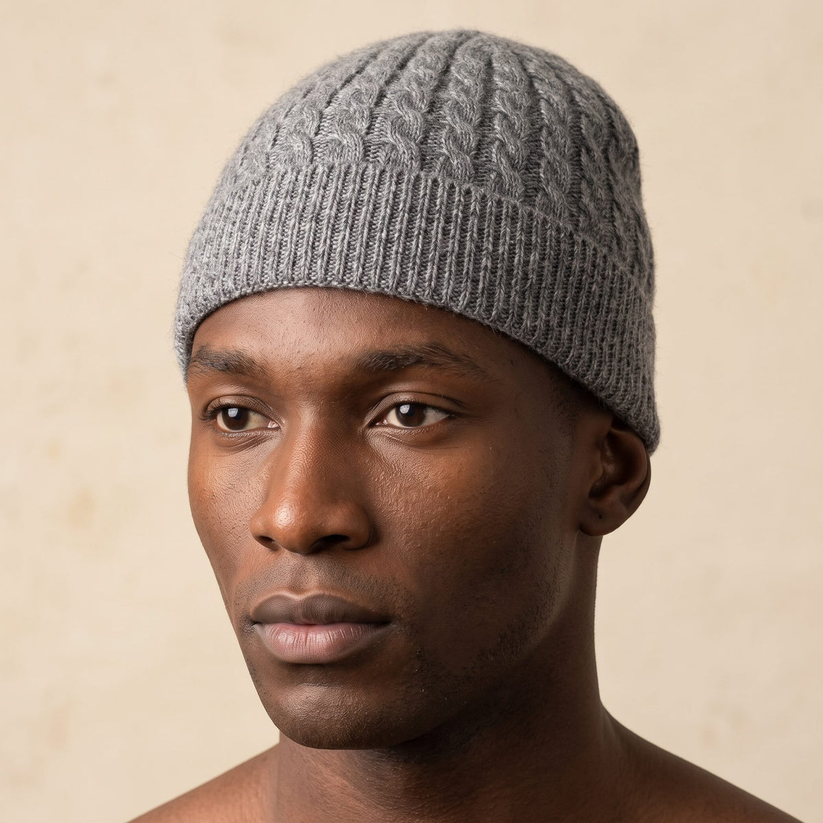 HCMM Men's Undyed Cashmere Beanie - Heritage Cable Knit Mid Grey Melange 4