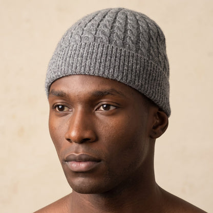 HCMM Men's Undyed Cashmere Beanie - Heritage Cable Knit Mid Grey Melange 4